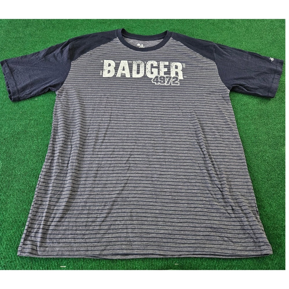 Badger‎ Sport 4972 Graphic T Shirt Mens Large Raglan Short Sleeve Striped Gray